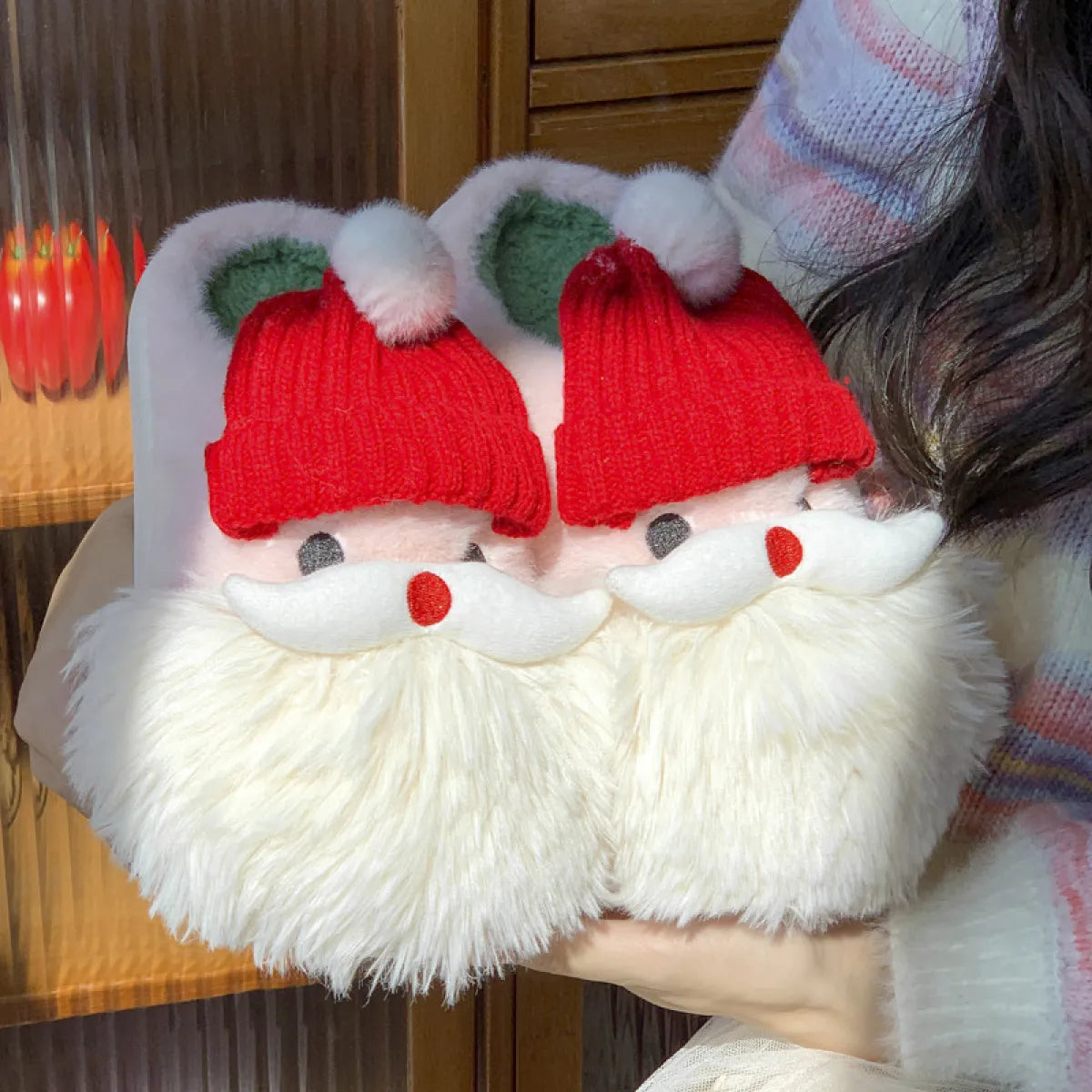 Cute Santa Claus Home Slippers Winter Warm Indoor Non-slip Floor Plush Shoes For Women
