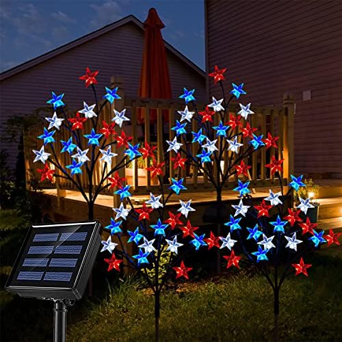 Pack of 4 Solar 4th of July Decorations Outdoor Lights, Solar Red White and Blue Star Pathway Lights, Waterproof Outdoor Patriotic Decorations Lights for July 4th Memorial Day Garden Yard Pathway Grave