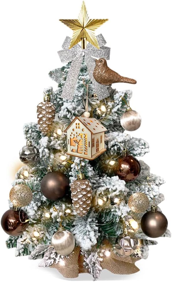 2ft Mini Christmas Tree with Light Artificial Small Tabletop Woodland Christmas Decoration with Flocked Snow, Exquisite Decor & Xmas Ornaments for Table Top for Home & Office, Brown