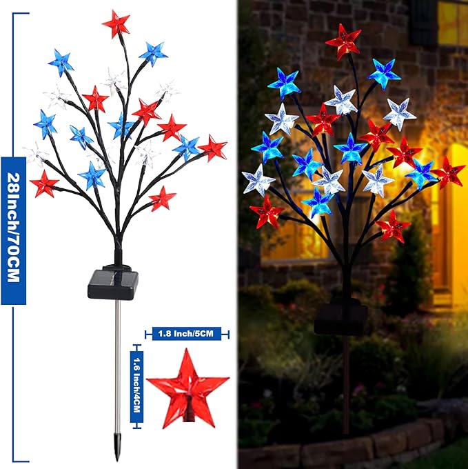 Pack of 4 Solar 4th of July Decorations Outdoor Lights, Solar Red White and Blue Star Pathway Lights, Waterproof Outdoor Patriotic Decorations Lights for July 4th Memorial Day Garden Yard Pathway Grave