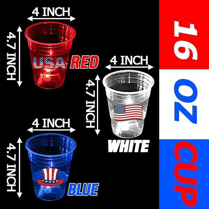 60 Pcs Glow Patriotic Party Decorations, 4th of July Party Cups Pack, USA Citizenship Party Supplies for Memorial Day, Independence Day, Veterans Day