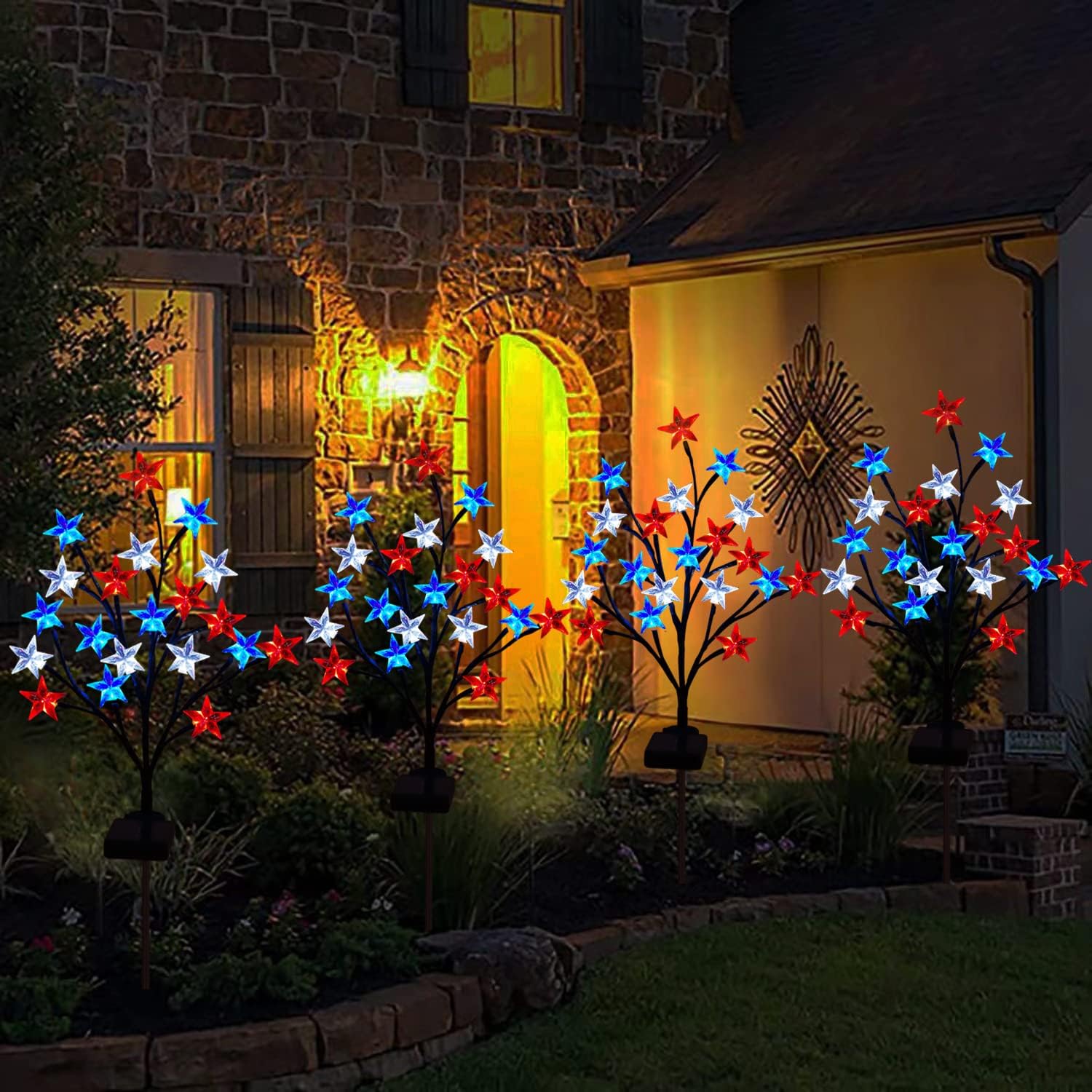 Pack of 4 Solar 4th of July Decorations Outdoor Lights, Solar Red White and Blue Star Pathway Lights, Waterproof Outdoor Patriotic Decorations Lights for July 4th Memorial Day Garden Yard Pathway Grave