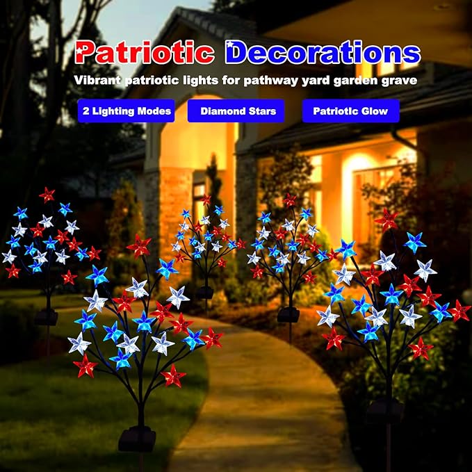 Pack of 4 Solar 4th of July Decorations Outdoor Lights, Solar Red White and Blue Star Pathway Lights, Waterproof Outdoor Patriotic Decorations Lights for July 4th Memorial Day Garden Yard Pathway Grave