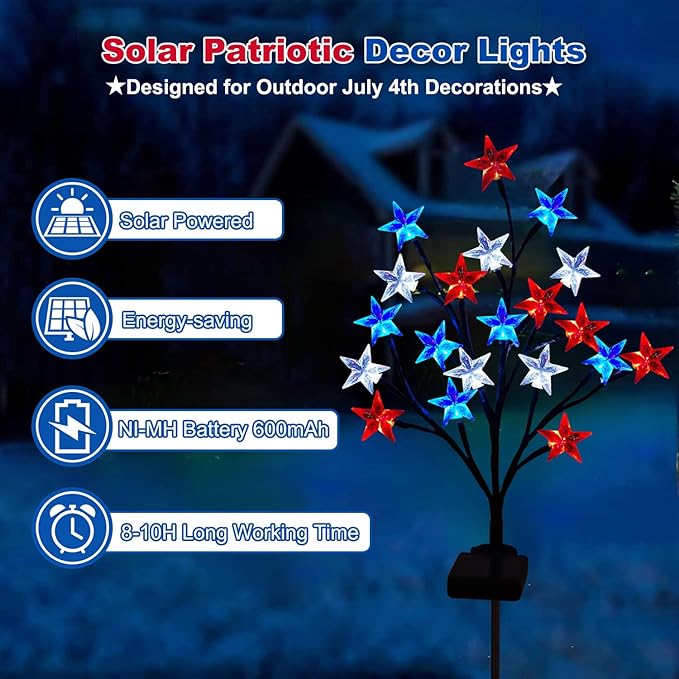Pack of 4 Solar 4th of July Decorations Outdoor Lights, Solar Red White and Blue Star Pathway Lights, Waterproof Outdoor Patriotic Decorations Lights for July 4th Memorial Day Garden Yard Pathway Grave