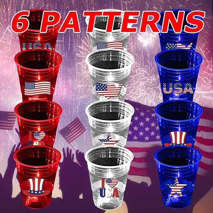 60 Pcs Glow Patriotic Party Decorations, 4th of July Party Cups Pack, USA Citizenship Party Supplies for Memorial Day, Independence Day, Veterans Day