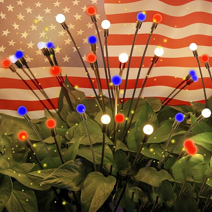 pack of 6 Solar American Flag Lights - 4th of July Solar Garden Outdoor Waterproof Firefly Light for Memory Day, Independence Day, National Day Decoration (Red White Blue)