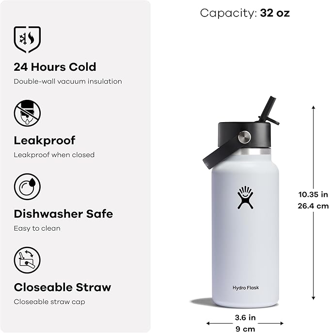 Wide Mouth vacuum insulated stainless steel water bottle with leakproof closeable straw lid for cold water drinks, sports, travel, car and school