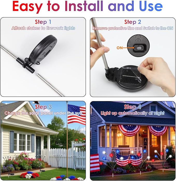pack of 6 Solar American Flag Lights - 4th of July Solar Garden Outdoor Waterproof Firefly Light for Memory Day, Independence Day, National Day Decoration (Red White Blue)