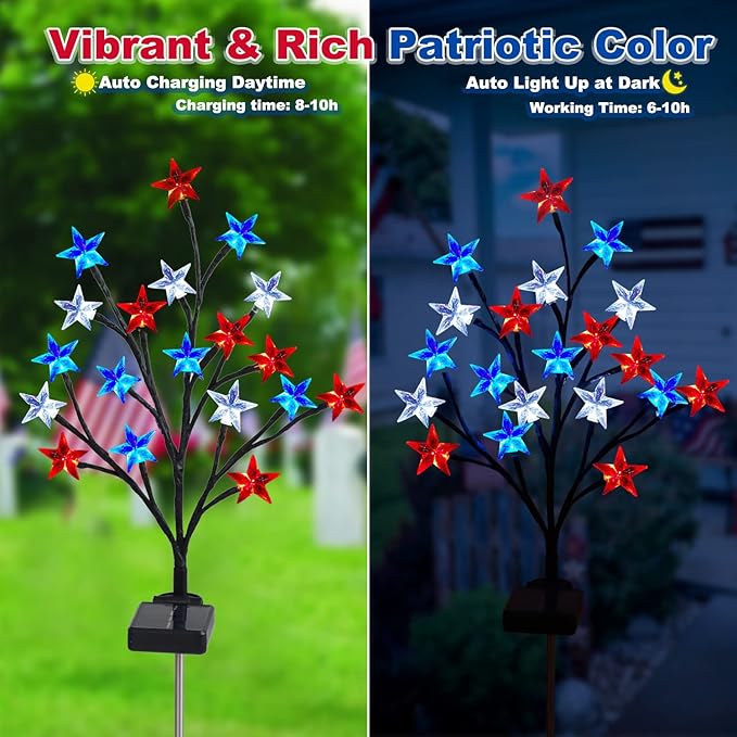 Pack of 4 Solar 4th of July Decorations Outdoor Lights, Solar Red White and Blue Star Pathway Lights, Waterproof Outdoor Patriotic Decorations Lights for July 4th Memorial Day Garden Yard Pathway Grave