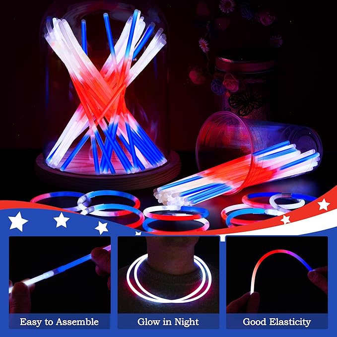 72 Pcs July 4th Glow Sticks Bulk with Connectors, Red White Blue 3 Colors In 1 Glow in The Dark Stick, Light Up Bracelets & Necklaces for Kids & Adults, Party Favor Supplies For Independence Day