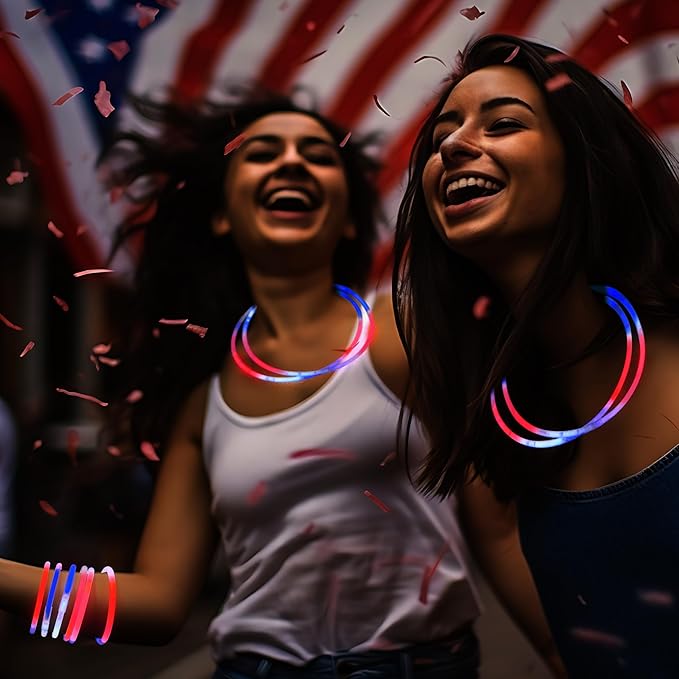 72 Pcs July 4th Glow Sticks Bulk with Connectors, Red White Blue 3 Colors In 1 Glow in The Dark Stick, Light Up Bracelets & Necklaces for Kids & Adults, Party Favor Supplies For Independence Day