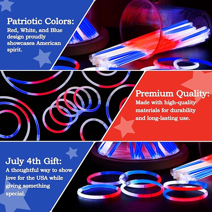 72 Pcs July 4th Glow Sticks Bulk with Connectors, Red White Blue 3 Colors In 1 Glow in The Dark Stick, Light Up Bracelets & Necklaces for Kids & Adults, Party Favor Supplies For Independence Day