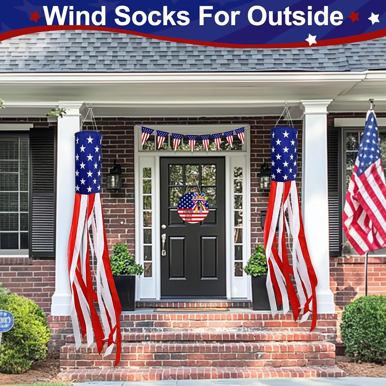 Pack of 2 Flag Windsocks with 40 LED Light, 4th of July Decoration Stars Stripes Red White Blue Patriotic Windsock Outdoor Hanging Yard Memorial Day Independence Day Decor