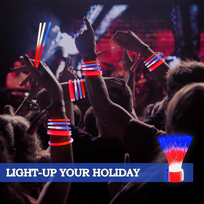 72 Pcs July 4th Glow Sticks Bulk with Connectors, Red White Blue 3 Colors In 1 Glow in The Dark Stick, Light Up Bracelets & Necklaces for Kids & Adults, Party Favor Supplies For Independence Day