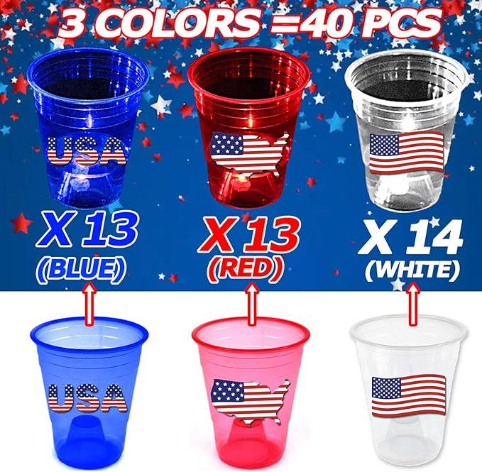 60 Pcs Glow Patriotic Party Decorations, 4th of July Party Cups Pack, USA Citizenship Party Supplies for Memorial Day, Independence Day, Veterans Day