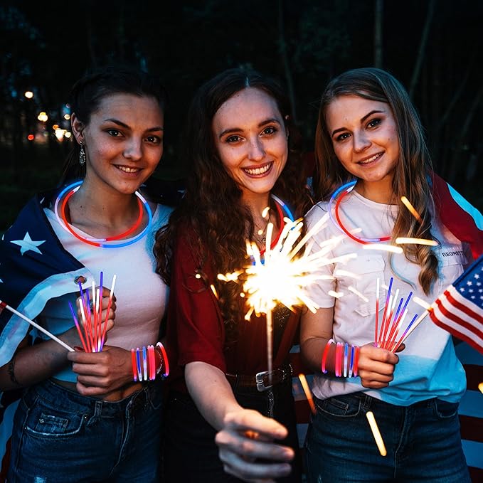 72 Pcs July 4th Glow Sticks Bulk with Connectors, Red White Blue 3 Colors In 1 Glow in The Dark Stick, Light Up Bracelets & Necklaces for Kids & Adults, Party Favor Supplies For Independence Day