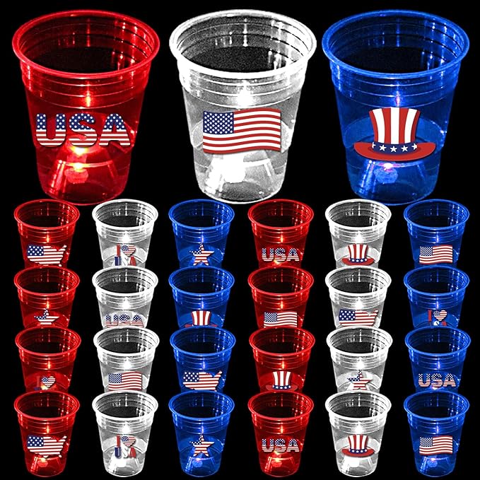 60 Pcs Glow Patriotic Party Decorations, 4th of July Party Cups Pack, USA Citizenship Party Supplies for Memorial Day, Independence Day, Veterans Day