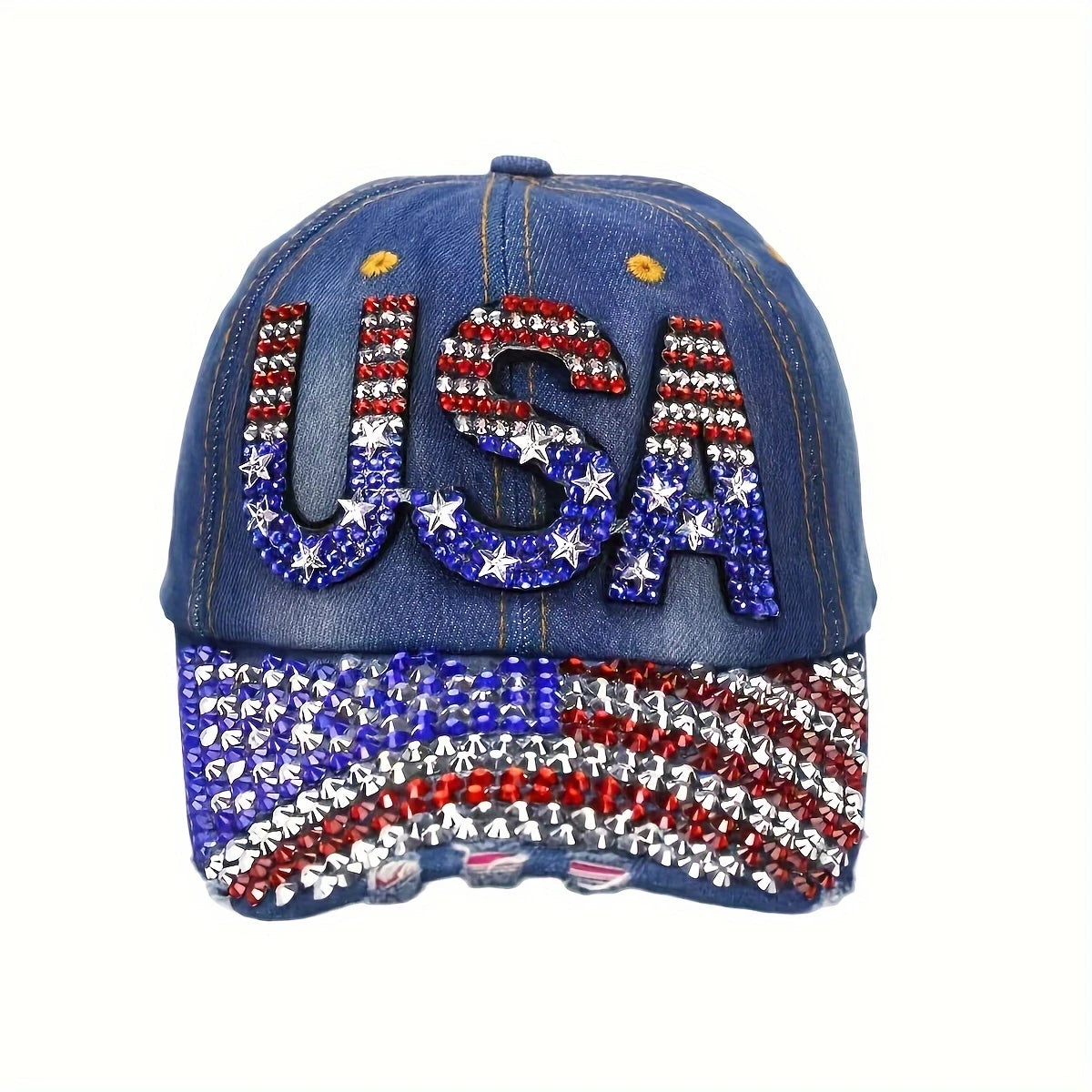 SA American Flag Baseball Cap - Unisex Denim Distressed, Rhinestone Embellished, Fun Bedazzled Hat for Adults