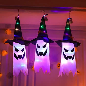 3 Pack Halloween Lighted Hanging Ghost with Witch Hat,Colorful LED Light Ghost Outdoor Hanging Light Up Ghost Witch Hat Decor for Home Porch Yard Garden Outside Halloween Outdoor Indoor Decorations