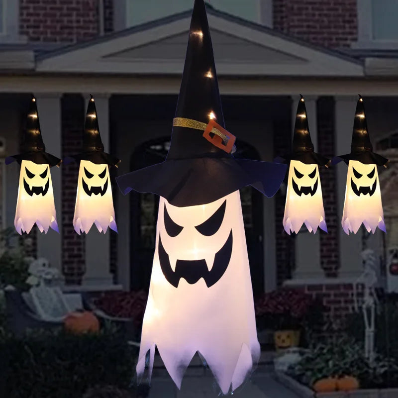 3 Pack Halloween Lighted Hanging Ghost with Witch Hat,Colorful LED Light Ghost Outdoor Hanging Light Up Ghost Witch Hat Decor for Home Porch Yard Garden Outside Halloween Outdoor Indoor Decorations