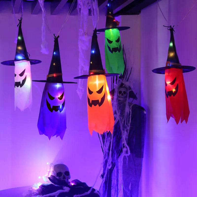 3 Pack Halloween Lighted Hanging Ghost with Witch Hat,Colorful LED Light Ghost Outdoor Hanging Light Up Ghost Witch Hat Decor for Home Porch Yard Garden Outside Halloween Outdoor Indoor Decorations
