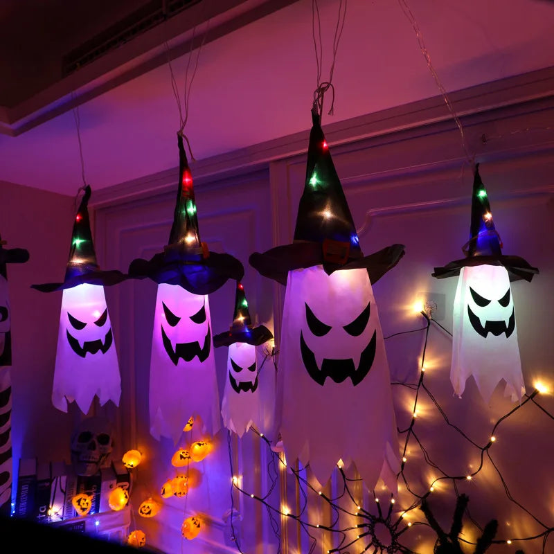 3 Pack Halloween Lighted Hanging Ghost with Witch Hat,Colorful LED Light Ghost Outdoor Hanging Light Up Ghost Witch Hat Decor for Home Porch Yard Garden Outside Halloween Outdoor Indoor Decorations