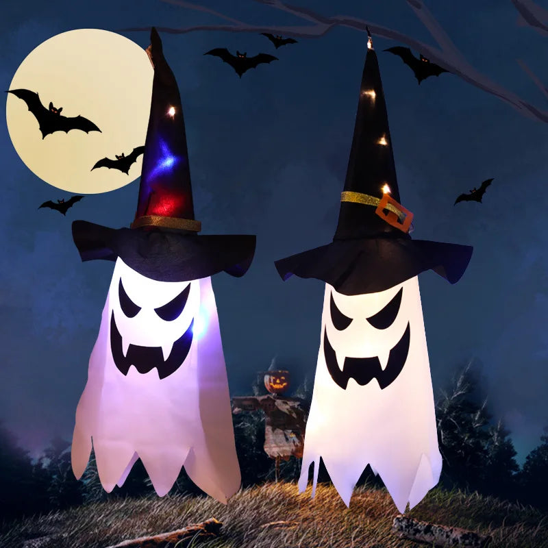 3 Pack Halloween Lighted Hanging Ghost with Witch Hat,Colorful LED Light Ghost Outdoor Hanging Light Up Ghost Witch Hat Decor for Home Porch Yard Garden Outside Halloween Outdoor Indoor Decorations