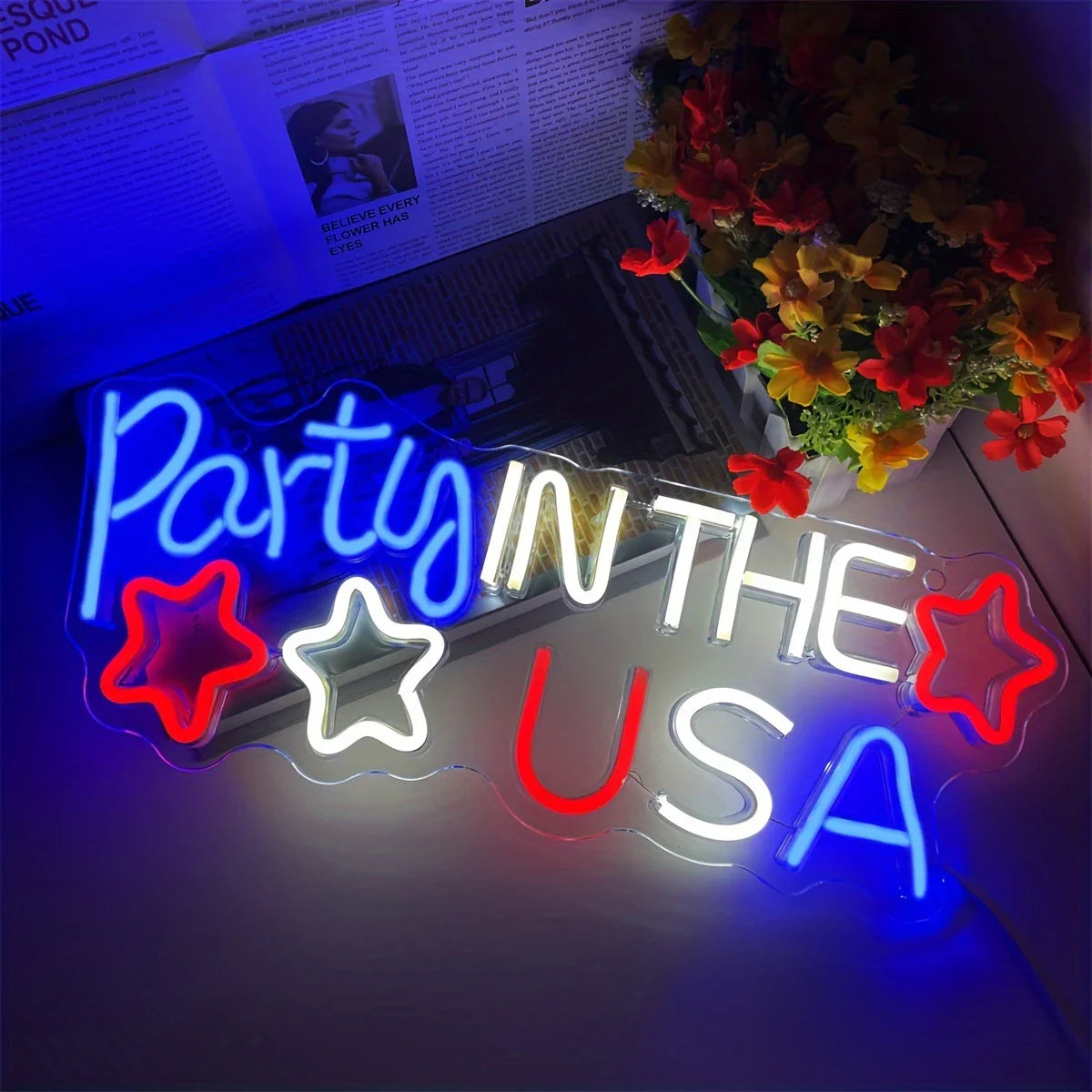 pc Neon Light Party In The USA Backboard, Illuminated Walls LED Signboard room, Themed Party