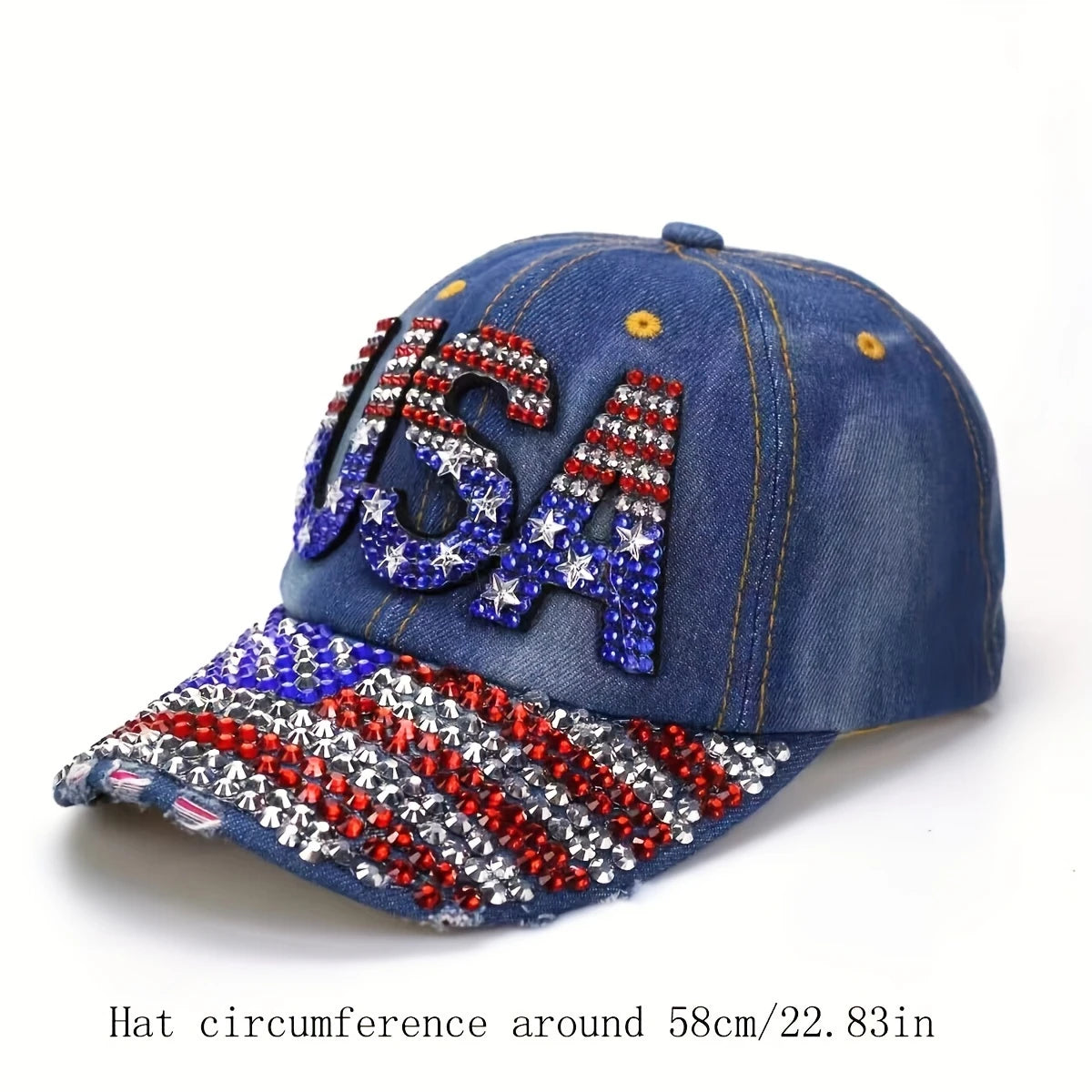 SA American Flag Baseball Cap - Unisex Denim Distressed, Rhinestone Embellished, Fun Bedazzled Hat for Adults