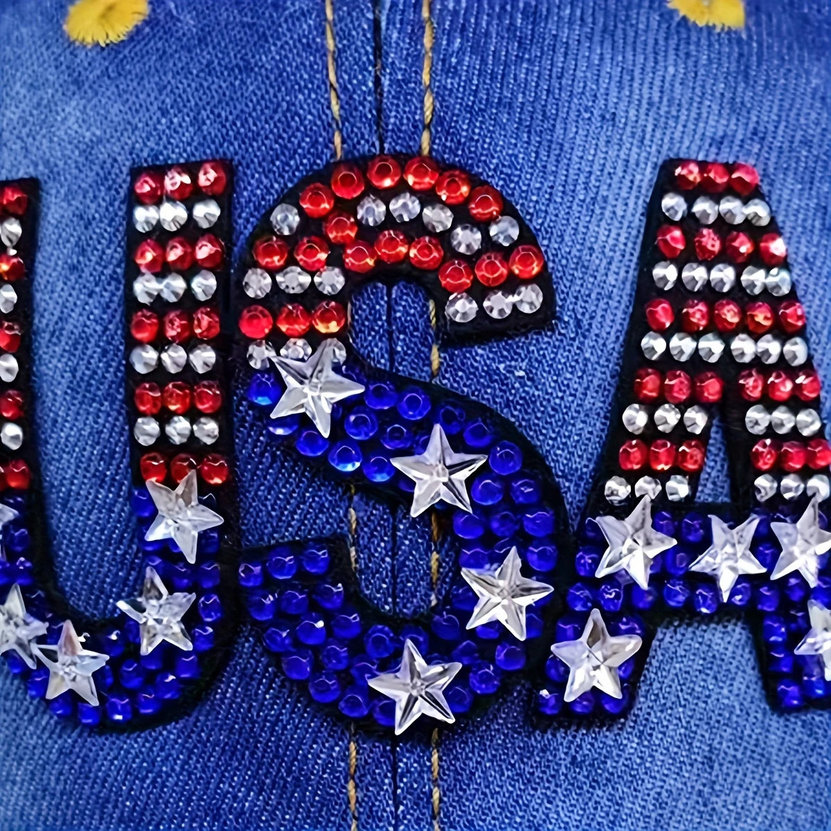 SA American Flag Baseball Cap - Unisex Denim Distressed, Rhinestone Embellished, Fun Bedazzled Hat for Adults