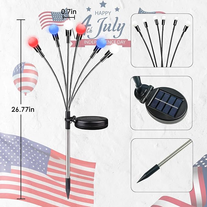 pack of 6 Solar American Flag Lights - 4th of July Solar Garden Outdoor Waterproof Firefly Light for Memory Day, Independence Day, National Day Decoration (Red White Blue)