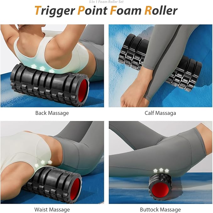 5 in1 Foam Roller Set, Trigger Point Foam Rollers, Massage Roller Stick, Massage Ball, Resistance Band for Deep Muscle Massage Pilates Yoga,Fitness Exercise for Whole Body (Black-Red)