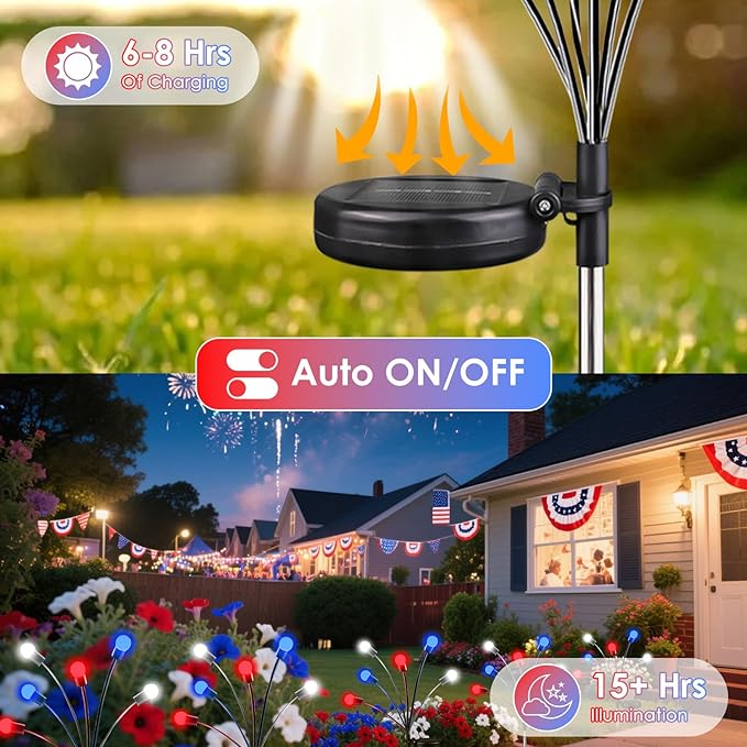 pack of 6 Solar American Flag Lights - 4th of July Solar Garden Outdoor Waterproof Firefly Light for Memory Day, Independence Day, National Day Decoration (Red White Blue)