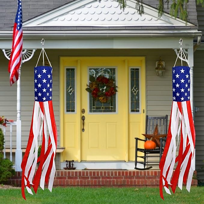 Pack of 2 Flag Windsocks with 40 LED Light, 4th of July Decoration Stars Stripes Red White Blue Patriotic Windsock Outdoor Hanging Yard Memorial Day Independence Day Decor