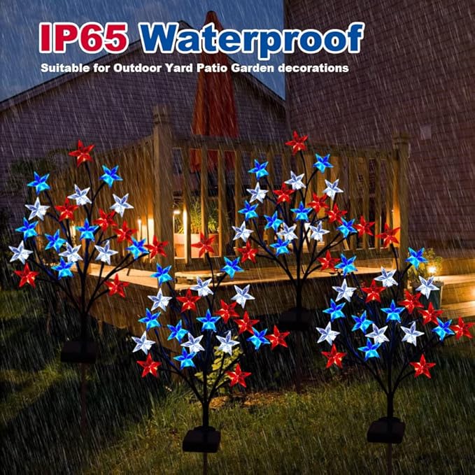 Pack of 4 Solar 4th of July Decorations Outdoor Lights, Solar Red White and Blue Star Pathway Lights, Waterproof Outdoor Patriotic Decorations Lights for July 4th Memorial Day Garden Yard Pathway Grave