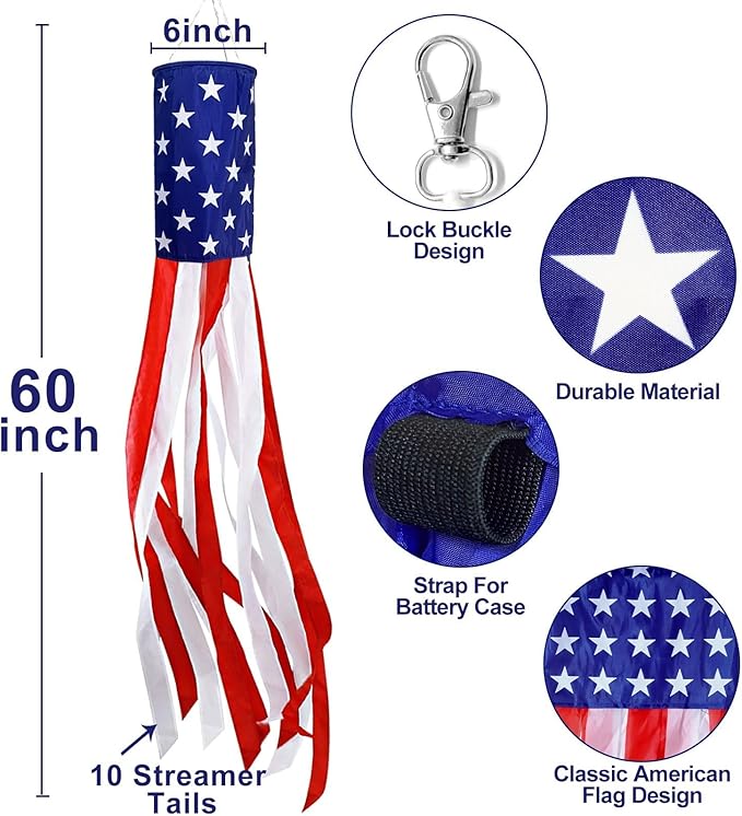Pack of 2 Flag Windsocks with 40 LED Light, 4th of July Decoration Stars Stripes Red White Blue Patriotic Windsock Outdoor Hanging Yard Memorial Day Independence Day Decor