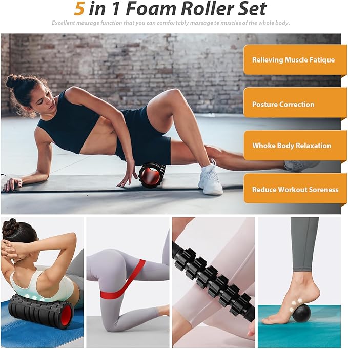 5 in1 Foam Roller Set, Trigger Point Foam Rollers, Massage Roller Stick, Massage Ball, Resistance Band for Deep Muscle Massage Pilates Yoga,Fitness Exercise for Whole Body (Black-Red)