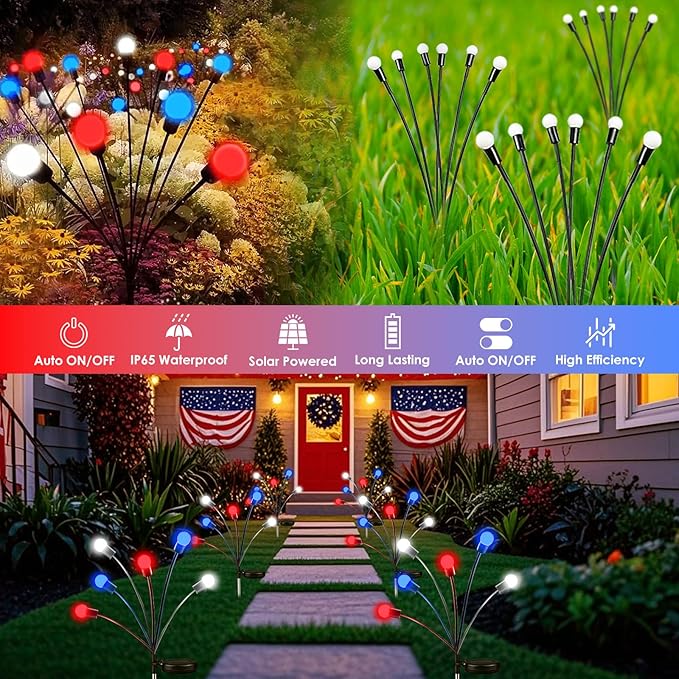 pack of 6 Solar American Flag Lights - 4th of July Solar Garden Outdoor Waterproof Firefly Light for Memory Day, Independence Day, National Day Decoration (Red White Blue)