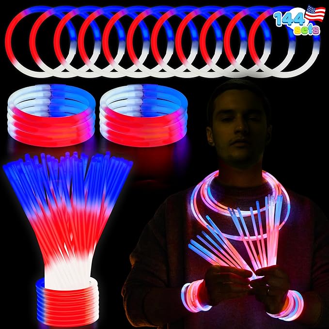 72 Pcs July 4th Glow Sticks Bulk with Connectors, Red White Blue 3 Colors In 1 Glow in The Dark Stick, Light Up Bracelets & Necklaces for Kids & Adults, Party Favor Supplies For Independence Day