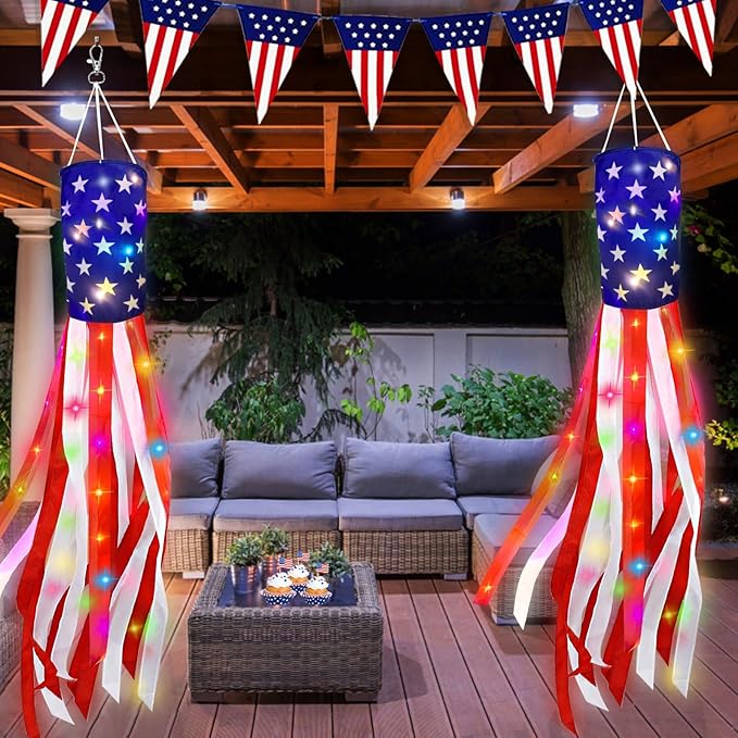 Pack of 2 Flag Windsocks with 40 LED Light, 4th of July Decoration Stars Stripes Red White Blue Patriotic Windsock Outdoor Hanging Yard Memorial Day Independence Day Decor