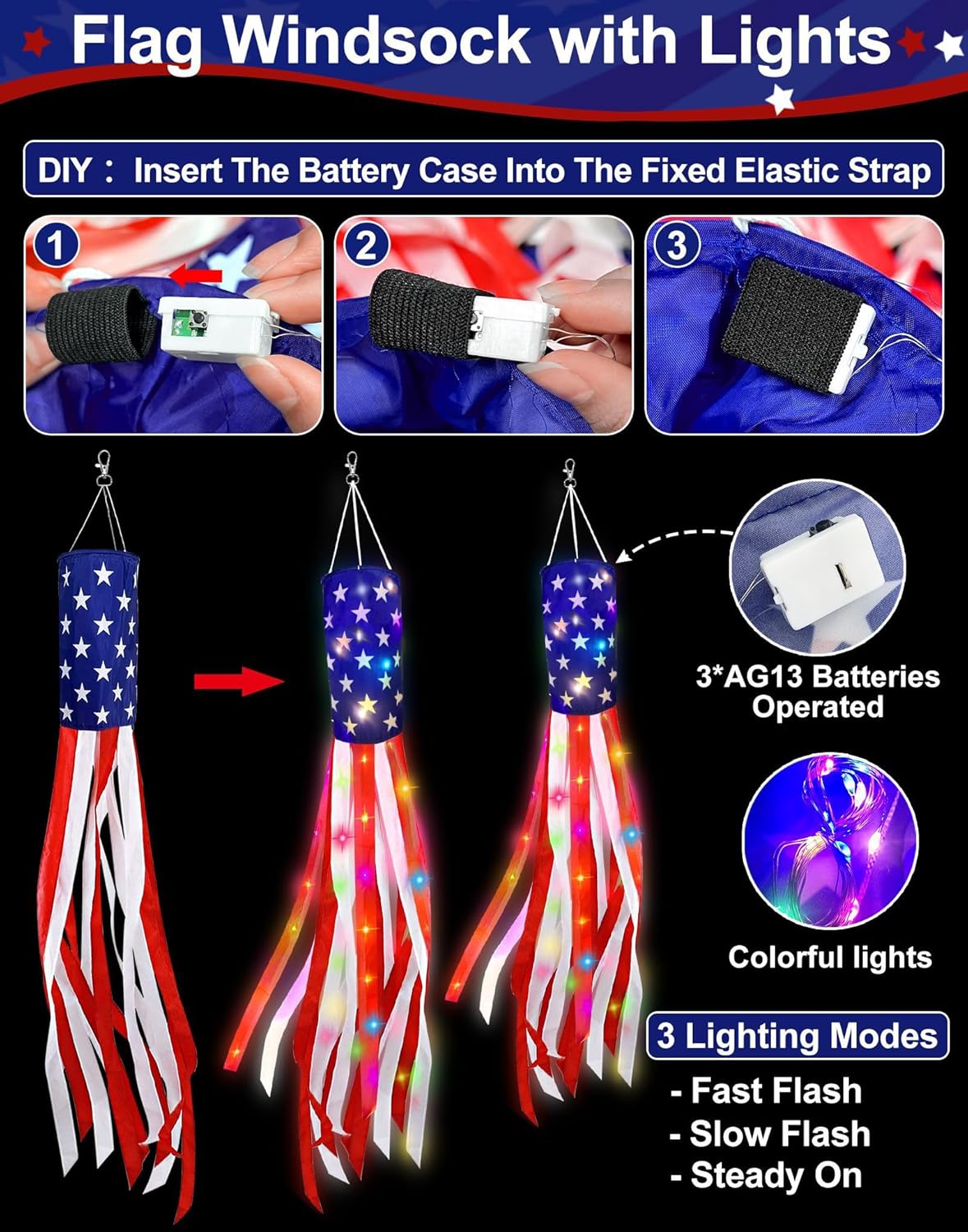 Pack of 2 Flag Windsocks with 40 LED Light, 4th of July Decoration Stars Stripes Red White Blue Patriotic Windsock Outdoor Hanging Yard Memorial Day Independence Day Decor