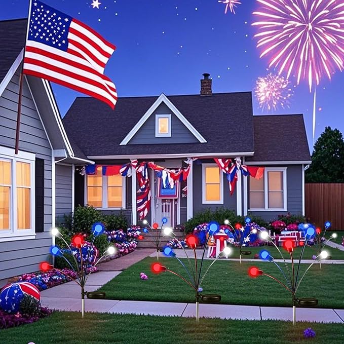 pack of 6 Solar American Flag Lights - 4th of July Solar Garden Outdoor Waterproof Firefly Light for Memory Day, Independence Day, National Day Decoration (Red White Blue)